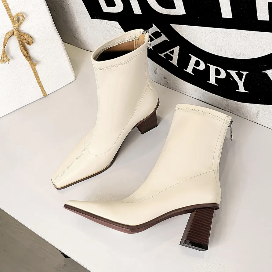 

BIGTREE Autumn New Arrival High Heels Women Ankle Boot Female Square Toe Ladies Shoes PU Leather Zipper Chelsea Boots Pumps