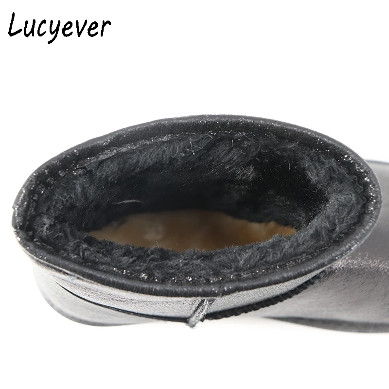 Lucyever/классические женские теплые зимние сапоги из искусственной кожи на меху; Водонепроницаемая хлопковая обувь; женские слипоны на плоской подошве; ботильоны на платформе; botas