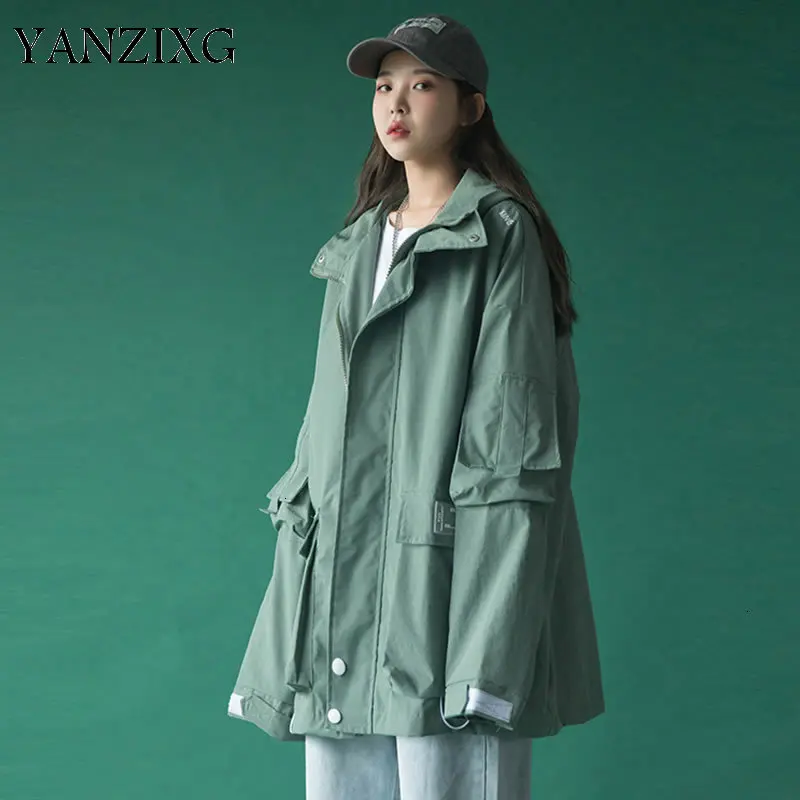 Tide Plus Size Jacket Patchwork Letter Pocket Safari Style Vintage Hooded Collar Full Sleeve Personality Coat Top D598