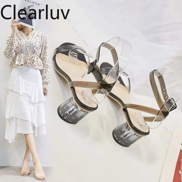 

2020 Summer New Transparent PVC Sandals Word Buckle with Wild Round Heel Women's Shoes Dress with High Heels Claquettes Femme