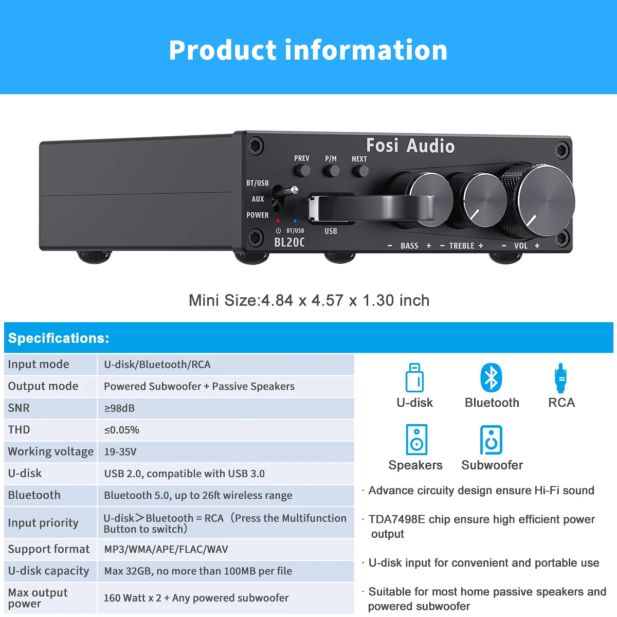 Receptor de Áudio de Alta Bl20c com Fonte de Alimentação Fosi Áudio Bluetooth 2.1 Fidelidade Amplificador Mini Classe d Amp U-disk Player 160w x2 32v 5.0 - Image 5