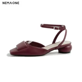 

2020 New Women Pumps Genuine Leather Round Heel Women Shoes Fashion Slingbacks Square Toe Buckle Women Pumps Large Szie 34-43