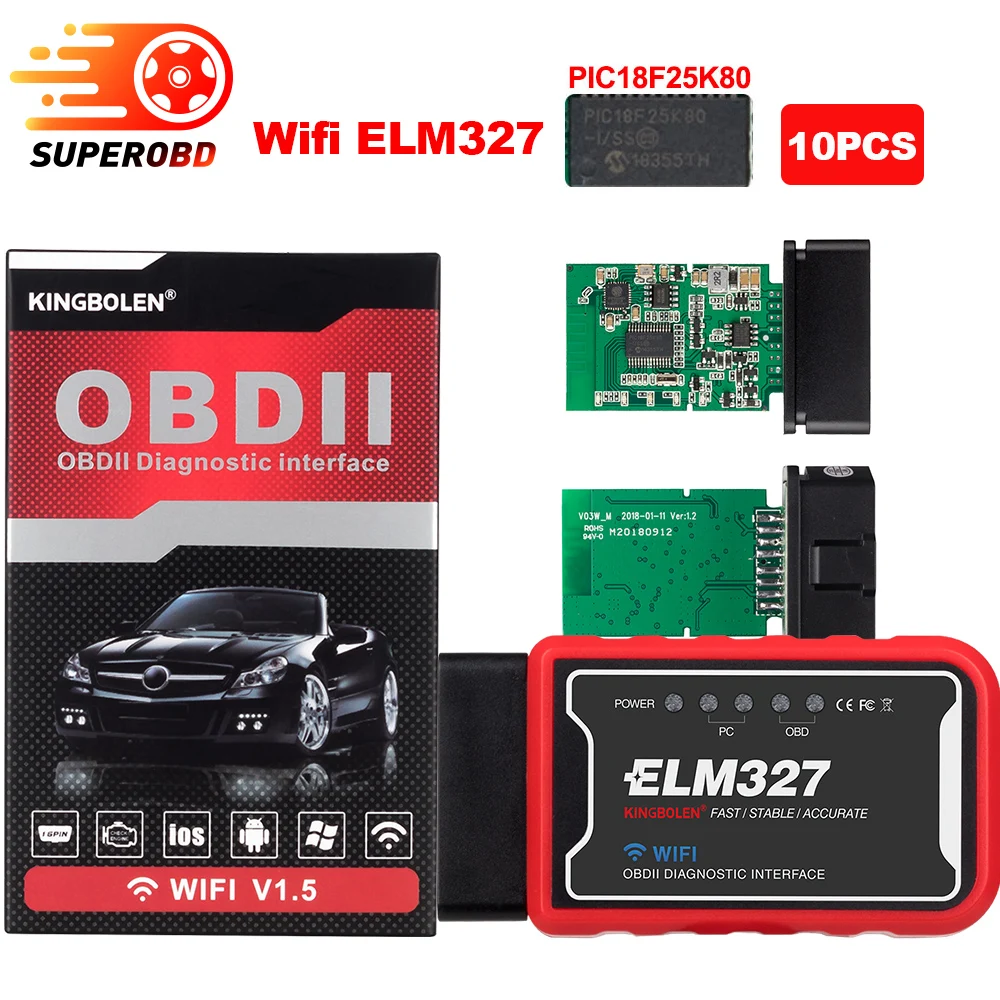 10 шт./лот PIC18F25K80 чип ELM327 WiFi/Bluetooth V1.5 OBDII диагностический инструмент для IPhone/Android/PC ELM 327 V1.5 сканер крутящий момент