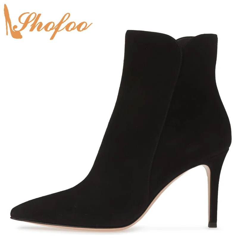 

Black Woman Ankle Boots Pointed Toe High Thin Heels Zipper Booties Large Size 13 15 Lady Winter Fashion Mature Shoes Shofoo