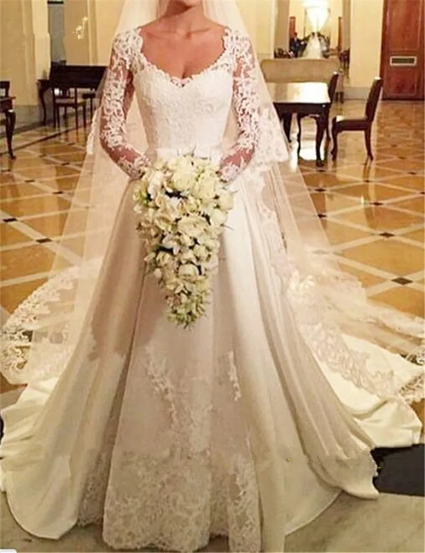 Высокое качество кружевные прозрачные свадебное платье vestido de noiva Совок с длинными рукавами, с аппликацией платье принцессы, невесты нарядное платье