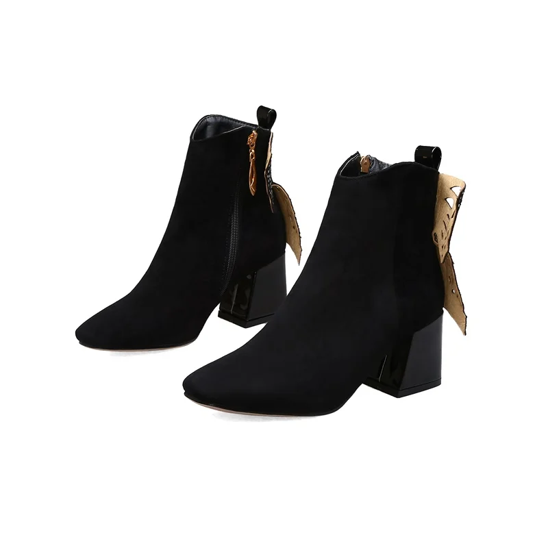 EGONERY/Новые модные зимние ботильоны с квадратным носком; женская обувь из флока на высоком каблуке с молнией и кристаллами; Прямая ; размеры 32-45 - Цвет: black