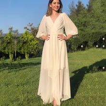 

Boho Simple V-Neck Wedding Dresses 2021 Floor Length Asymmetrical Lantern Sleeve Chiffon Belt Elegant Bride Gown Robe De Mariée