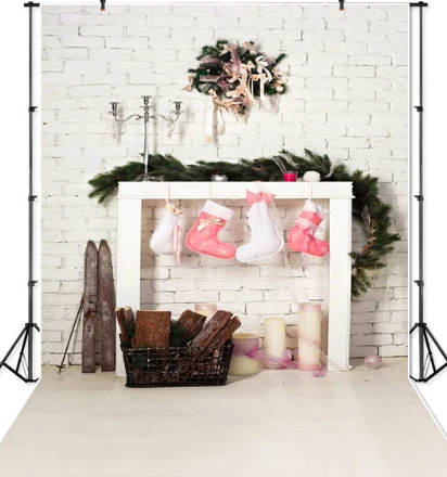 

5x7ft White Bricks Wall Fireplace Boots Christmas Tree Washable Wrinkle Free Photo Studio Background Backdrop Polyester Fabric