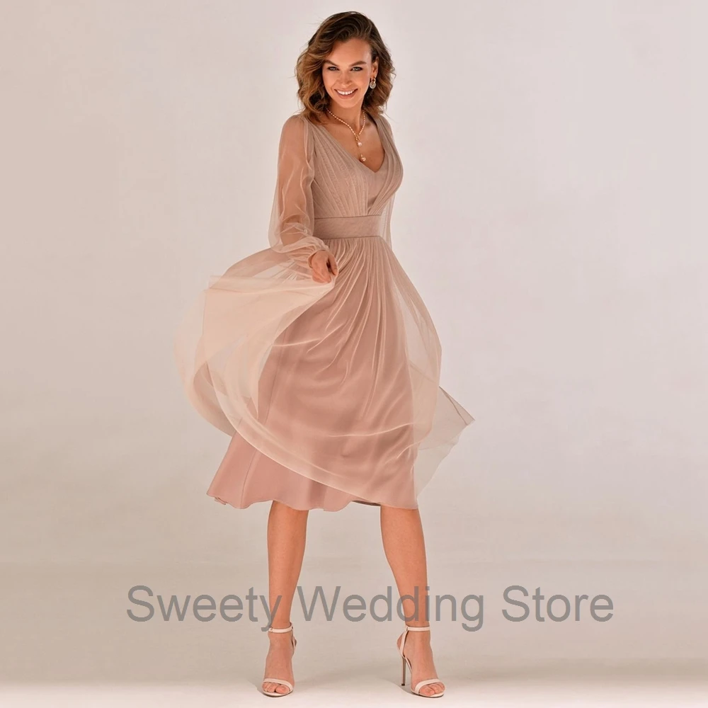 Mother Bride Dresses Long Sleeves V Neck Ruched Pleats Short Wedding Party