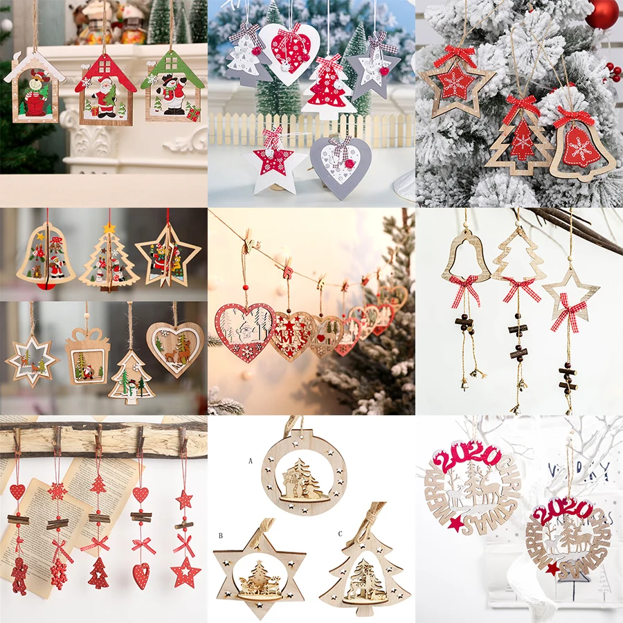 

Hollow 2020 Latest Natural Wood Christmas Tree Ornament Star Heart Wooden Pendant Noel Christmas Decoration for Home Xmas Gift