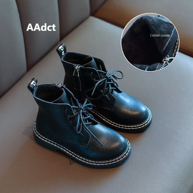 Black cotton AAdct/ г.; ботинки для девочек; зимние хлопковые теплые новые детские ботинки martin для девочек; Брендовая детская обувь ручной работы из натуральной кожи - Цвет: Black cotton