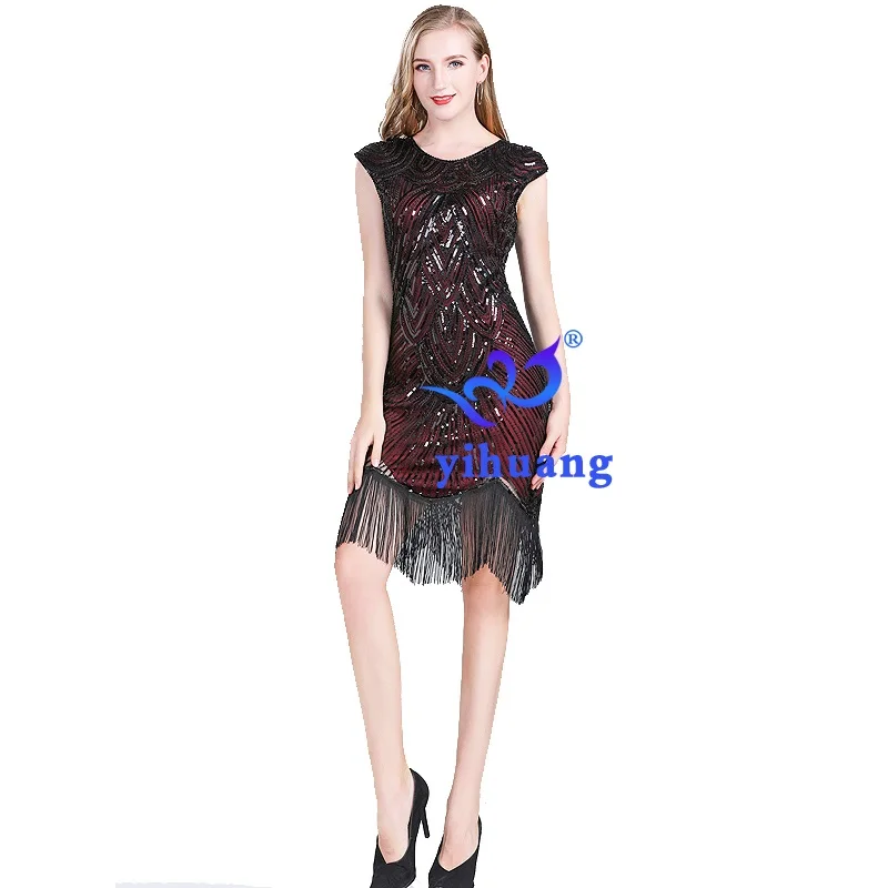 Wine Red Новое поступление винтажное платье 1920s 30s с воланами женские вечерние платья Gatsby Charleston Коктейльные Свадебные рукава с блестками и бахромой - Цвет: Wine Red