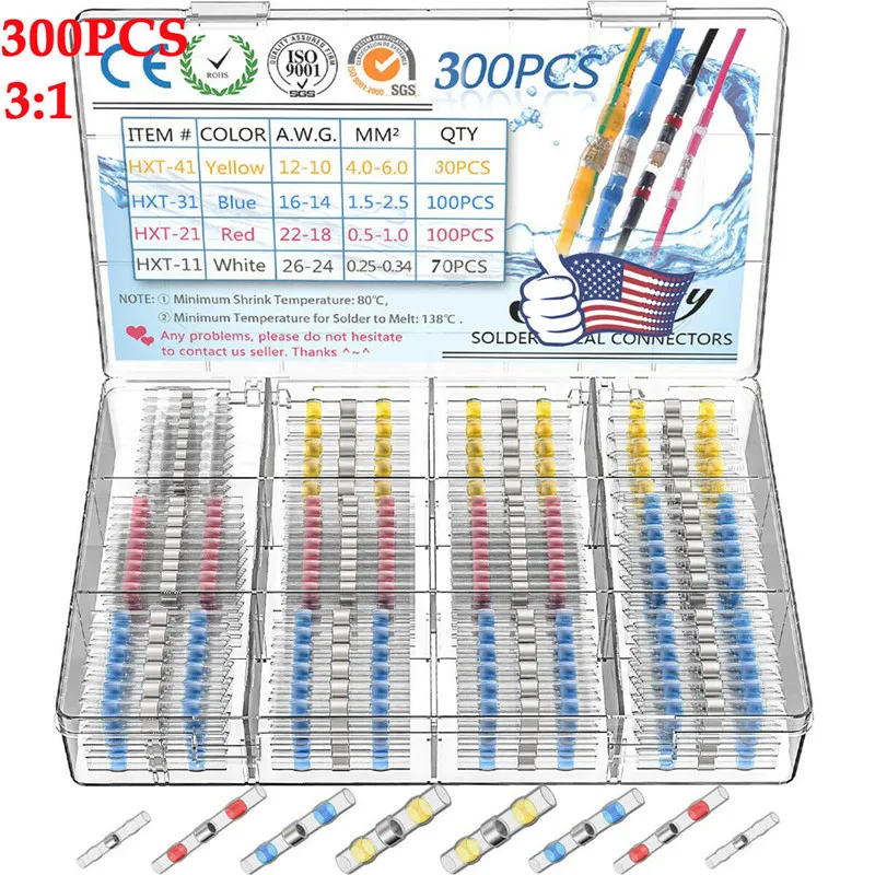 

300PCS Solder Seal Wire Connectors Kit Heat Shrink Butt Connectors Waterproof Insulated Electrical Wire Terminals Wire Connector