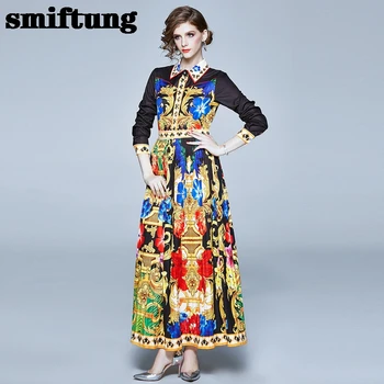 

French Retro Dress Lapel Long Sleeve Shirred Printed Pleated Dress Spring