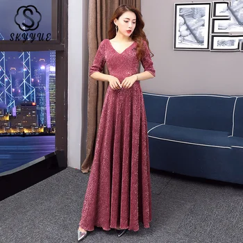 

Skyyue Evening Gown 2020 Double V-Neck Half Sleeve Women Zipper Vestidos De Longo K243 Burgundy Sequins A Line Formal Party Gown