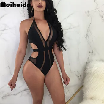 

2019 New Sexy Women's One Piece Monokini Push Up Padded Bikini Mesh Patchwork V-neck Swimsuit Swimwear Bathing Suits Beachwear