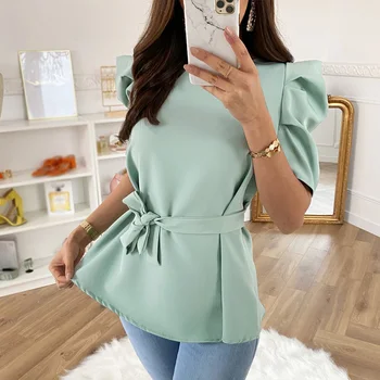 

Women's Pleated Casual Lace Up Blouses 2020 Summer Elegant Solid Puff Sleeve Women Blouse Fashion O Neck Loose Ladies Tops