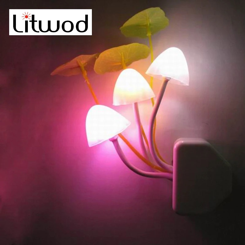 Litwod Z90 Новинка грибной гриб ночник ЕС и США Plug Light Sensor 3 Светодиодные Красочные