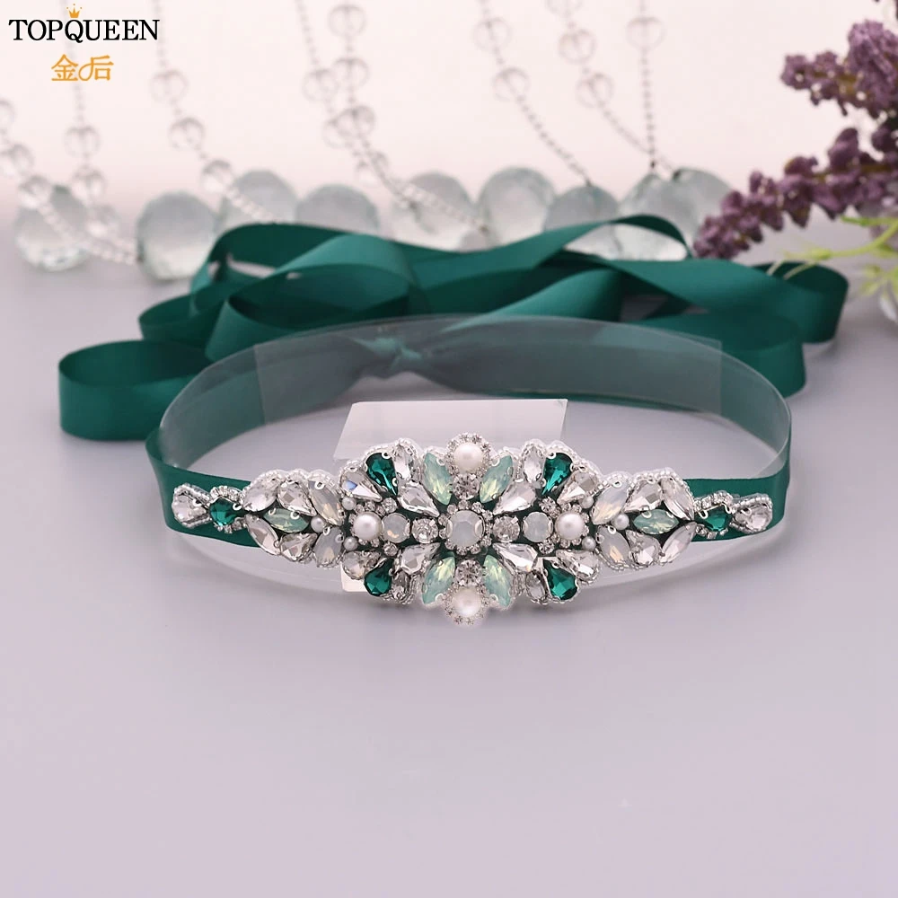 TOPQUEEN S443 Luxury Green Rhinestone Bridal Belt Beaded for Formal Evening Dresses Custom Diamond Decorative Belt Handmade