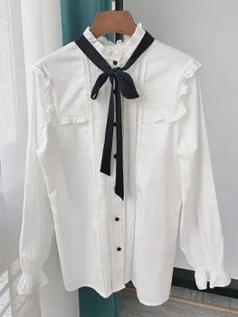 

Women's White Blouses Cotton Lace Patchwork Hollow Ribbon Office Ladies Wear Sweet Blouses And Tops With Buttons