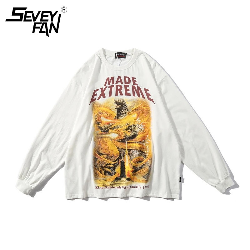 

Long Sleeve T Shirt Men Hip Hop Streetwear Oversize Loose T-Shirt O-Neck Printed Casual Mens Top Tees Autumn Winter New Godzilla