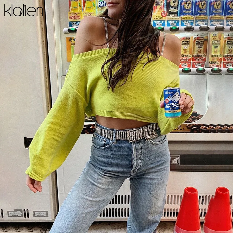 

KLALIEN Puff Long Sleeve Slash neck Loose Off shoulder Design Elegant Sweater 2019 Autumn high street Office Lady Fashion Women