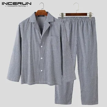 

Autumn Plaid Men Pajamas Sets Homewear Lapel Cozy Long Sleeve Sleepwear Pants Modern Style Fashion Mens Nightwear Sets INCERUN