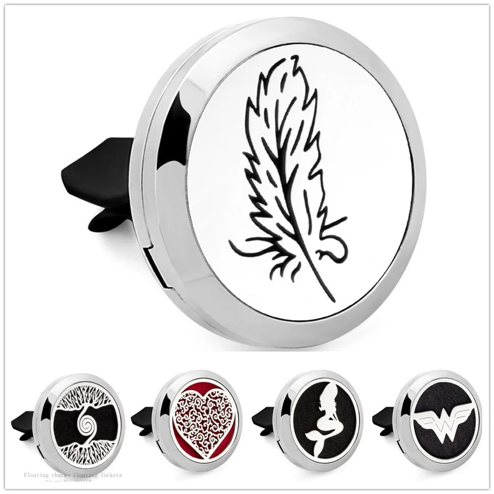 

CG458-CG488 Feather Mermaid 316L Stainless Steel 30mm magnet Car Diffuser Locket vent clip Perfume Locket 10pcs Random Pads