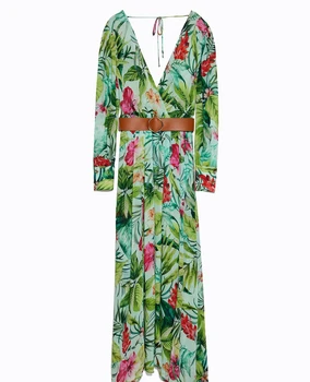 

2020 Spring Summer New Bohemian Beach Vacation Style Floral Print A-Line Long Dress Women Sashes V-neck Chiffon Sexy Party Dress
