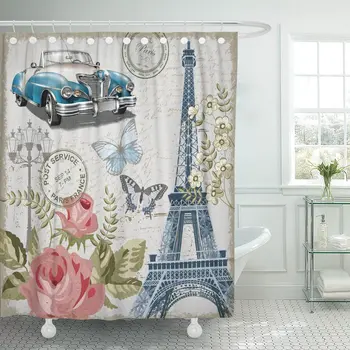 

Car Paris Vintage Collage Travel Butterfly Flower France Shower Curtain Waterproof Polyester Fabric 60 x 72 Inches Set with Hook