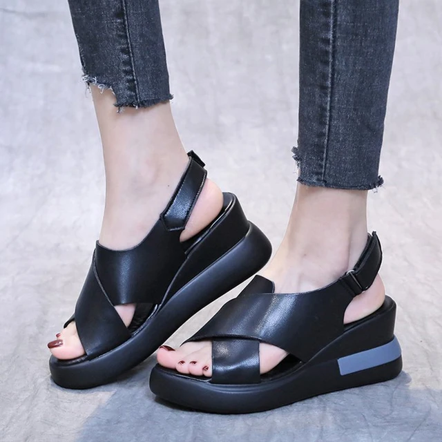 2022 Summer Women Wedge Heeled Pu Leather Sandals Cross Strap Korean Style Casual Shoes Ladies Open Toe Solid Buckle Sandalias 5