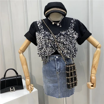 

2020 Spring Summer Round Collar Short-sleeve Pullover Shirt Student Bling Flashing Sequin Tshirt Spliced T-shirt Tops Women Tees