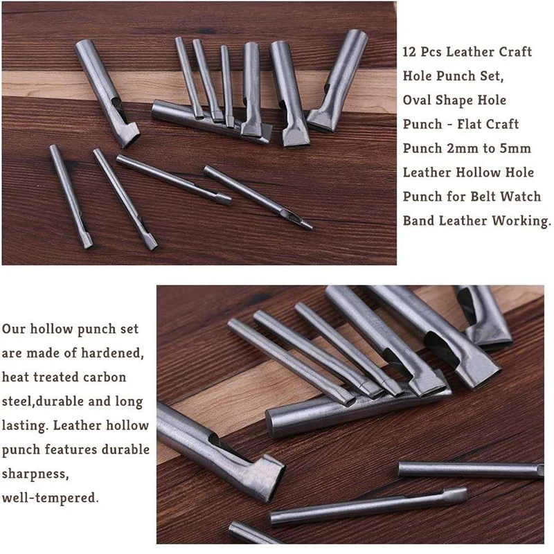 Imzay 12 PCS Leather Craft Hole Punch Set Oval Shape Hollow Belt Watch Banding Gasket Flat Hole Punch Tools