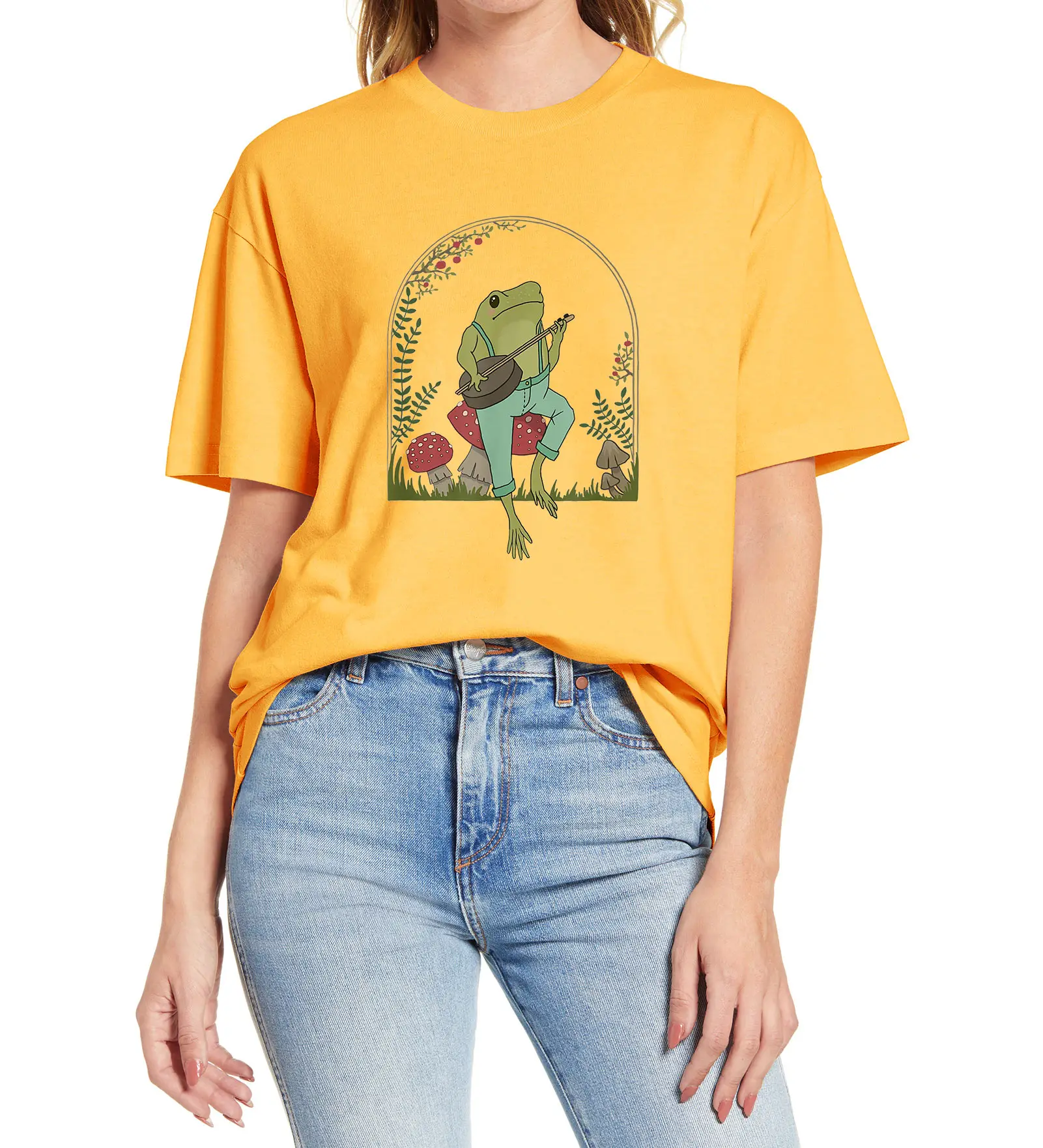 Camiseta de algodón Unisex de manga corta con estampado de rana, camisa divertida de algodón con Banjo en forma de seta