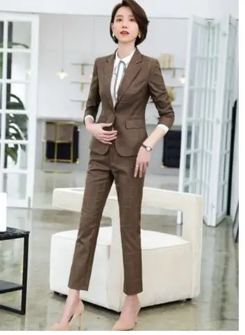 Brown coat and pants Профессиональные женские брючные костюмы модный клетчатый Блейзер и брюки интервью Высококачественная Деловая одежда 4XL плюс размер - Цвет: Brown coat and pants