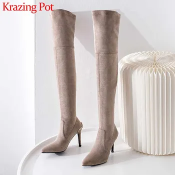 

Krazing Pot beauty lady pointed toe super high heels stretch flock boots solid stiletto fashion women warm thigh high boots L9f9