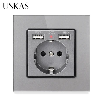 

UNKAS Gray Crystal Glass Panel EU Wall Power Socket With Dual USB Port Grounded 16A Hidden Soft LED Indicator Electrical Outlet