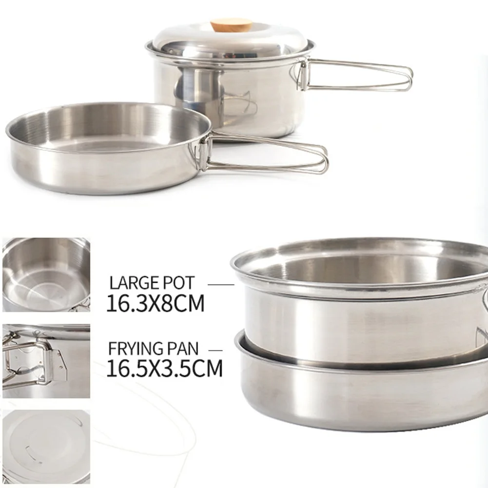 Stainless Steel Picnic Lightweight Outdoor Camping Pot Pan Easy Clean Cookware Durable Cooking Set Hiking With Folding Handle