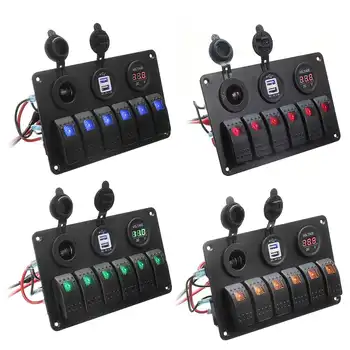

12V 24V 6 Gang Car LED Rocker Switch Panel Volt Meter Gauge Dual USB Power Charger Marine Boat RV
