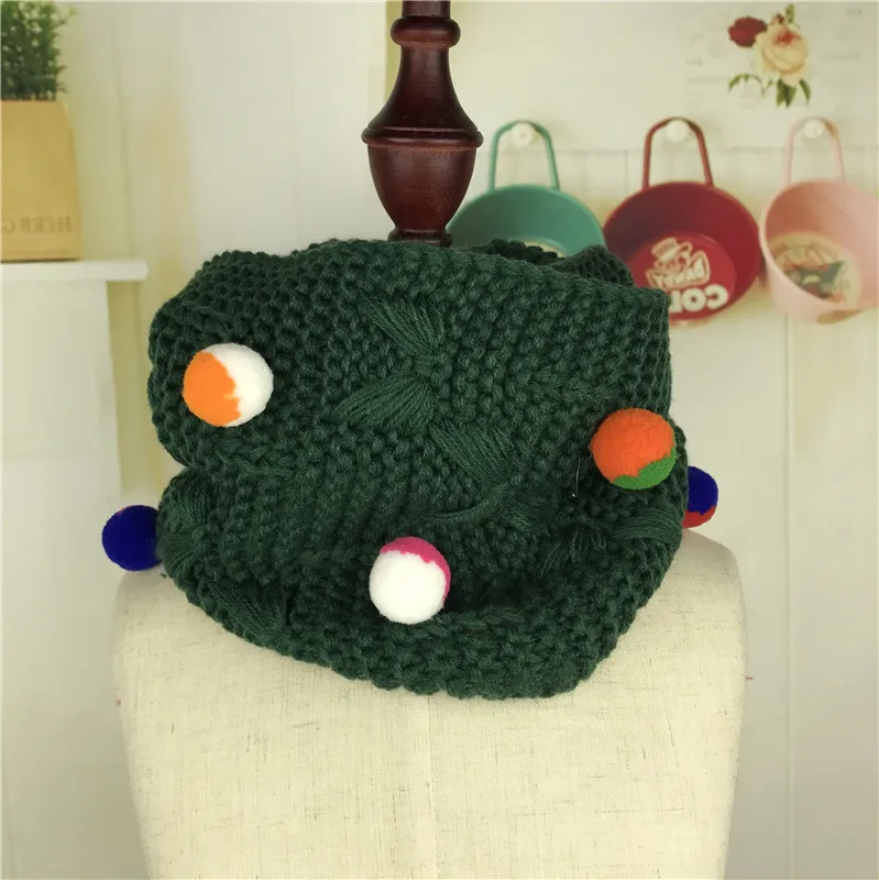 Pom Ink Green Зимний теплый шарф, вязаные шерстяные кольца из пряжи, детский слюнявчик, шарфы для мальчиков и девочек, детская одежда с воротником, аксессуары - Цвет: Pom Ink Green