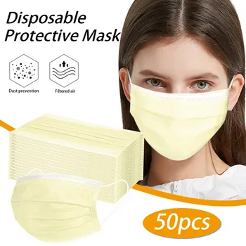 

Adult Unisex Yellow Face Mask Disposable Mask Outdoor Dustproof Windproof Filter Mask 3 Layer Protective Mouth Masks 50 pcs