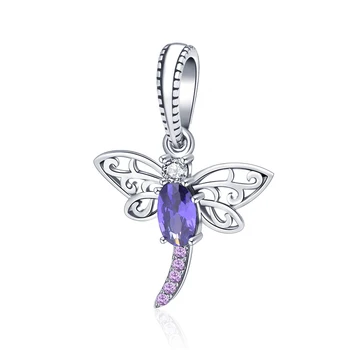 

XiaoJing 925 Sterling Silver Dragonfly Insects Purple Charms Pendants fit Pandora DIY Bracelets for Women Fashion Jewelry 2019