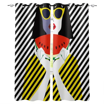 

Yellow Dress Girl Watermelon BlackStriped Window Curtains LivingRoom Kitchen Curtains for Bedroom Left and Right Biparting Open