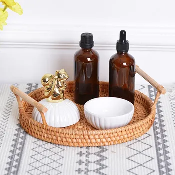 

Rattan Bread StorageTray Dinner Coffee Breakfast Serving Tray Round Hand-Woven Tea Tray With Handles Home Decorations