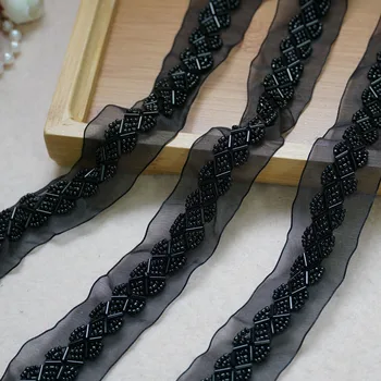 

2 Yards Black Beaded Lace Trim Pearls Lace Trim Textile Cords Trim for Bridesmaid gown, Lace Collar, Sash Belt, Headbands