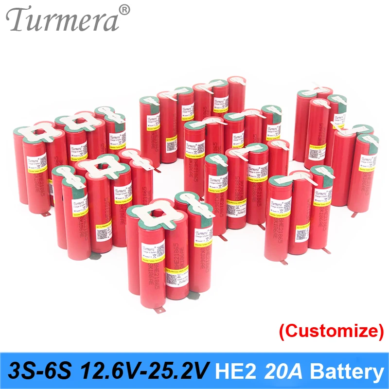 

Turmera 3S 4S 5S 6S Battery 18650 HE2 2500mAh 5000mAh 20A 12.6V to 25.2V Soldering Battery for Screwdriver Shurik battery pack