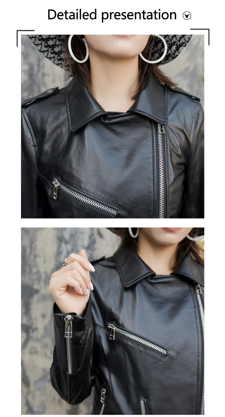 Genuine Leather Jacket Moto Notched Neck Buckle Betled Black Jacket Coats Women Autumn Casual Highstreet Long Sleeve Fit Outwear