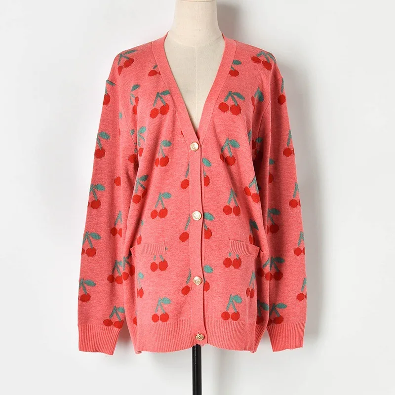 winter cardigan Новое поступление, хит, цветной жаккардовый переплетенный Вишневый длинный рукав, v-образный вырез, длинный вязаный кардиган, Свободное пальто для женщин W92613 - Цвет: winter cardigan