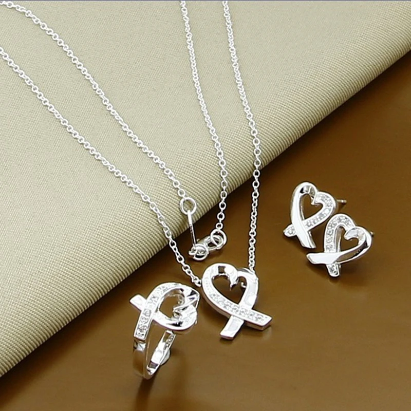 

High Quality 925 Silver Jewelry Sets Fashion Simple Love's Heart Necklace Earrings Rings Set Free Shipping