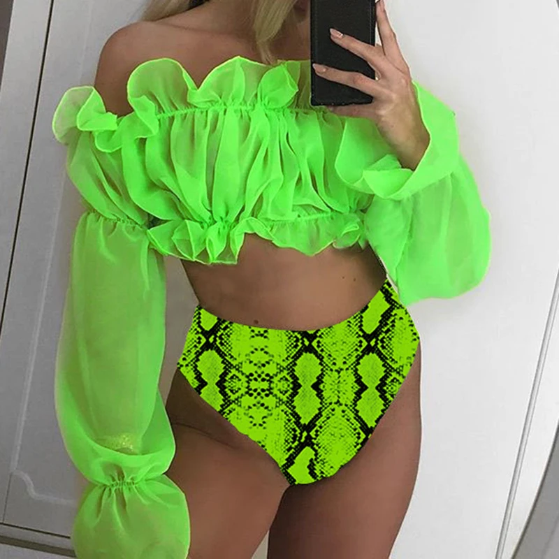 

HEFLASHOR 2020 Women Green Bikini Set Swimwear Women Mesh long sleeve swimsuit High Waist Bathing Suit Mujer